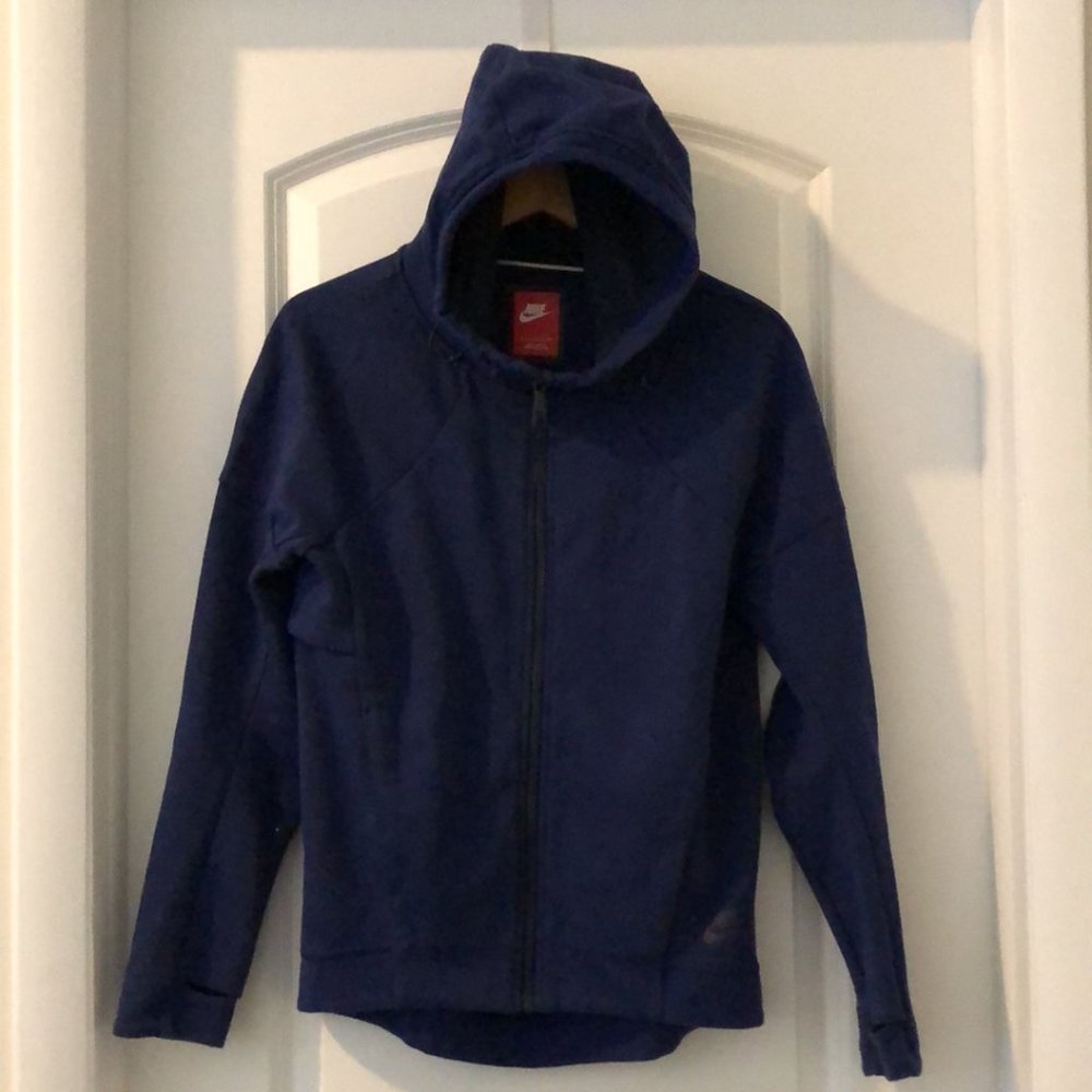 Nike Zippered Sweatshirt Lined Cinch Hood Thumbholes Navy Adult Sz S LIKE NEW
